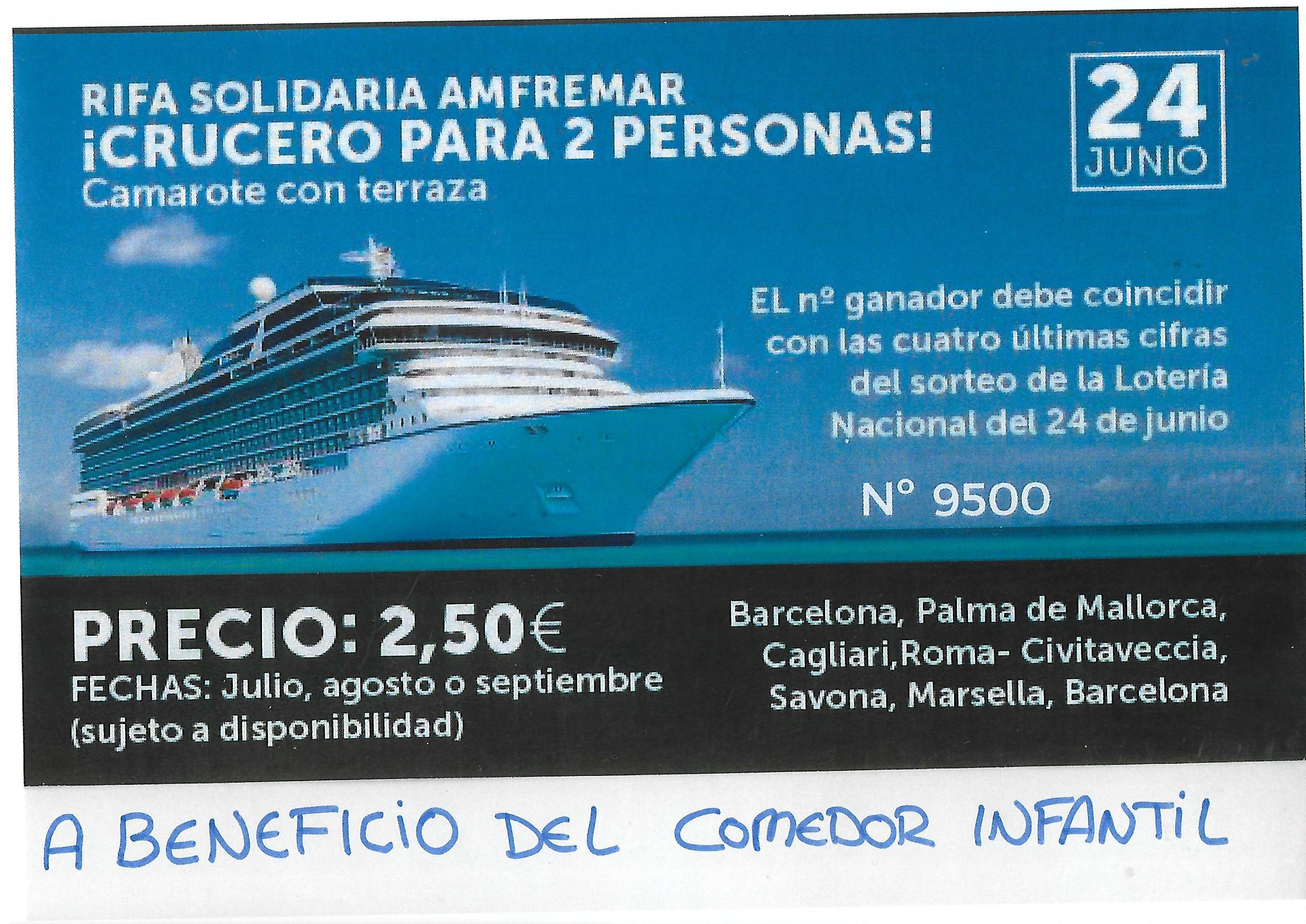 rifa crucero de lujo en beneficio del comedor infantil de Amfremar